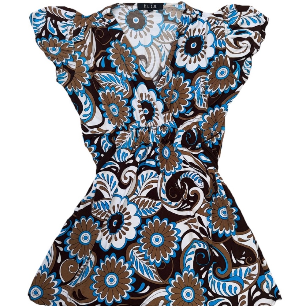 B.L.E.U. Floral Empire Waist Blouse Brown Blue Retro Print Small USA
